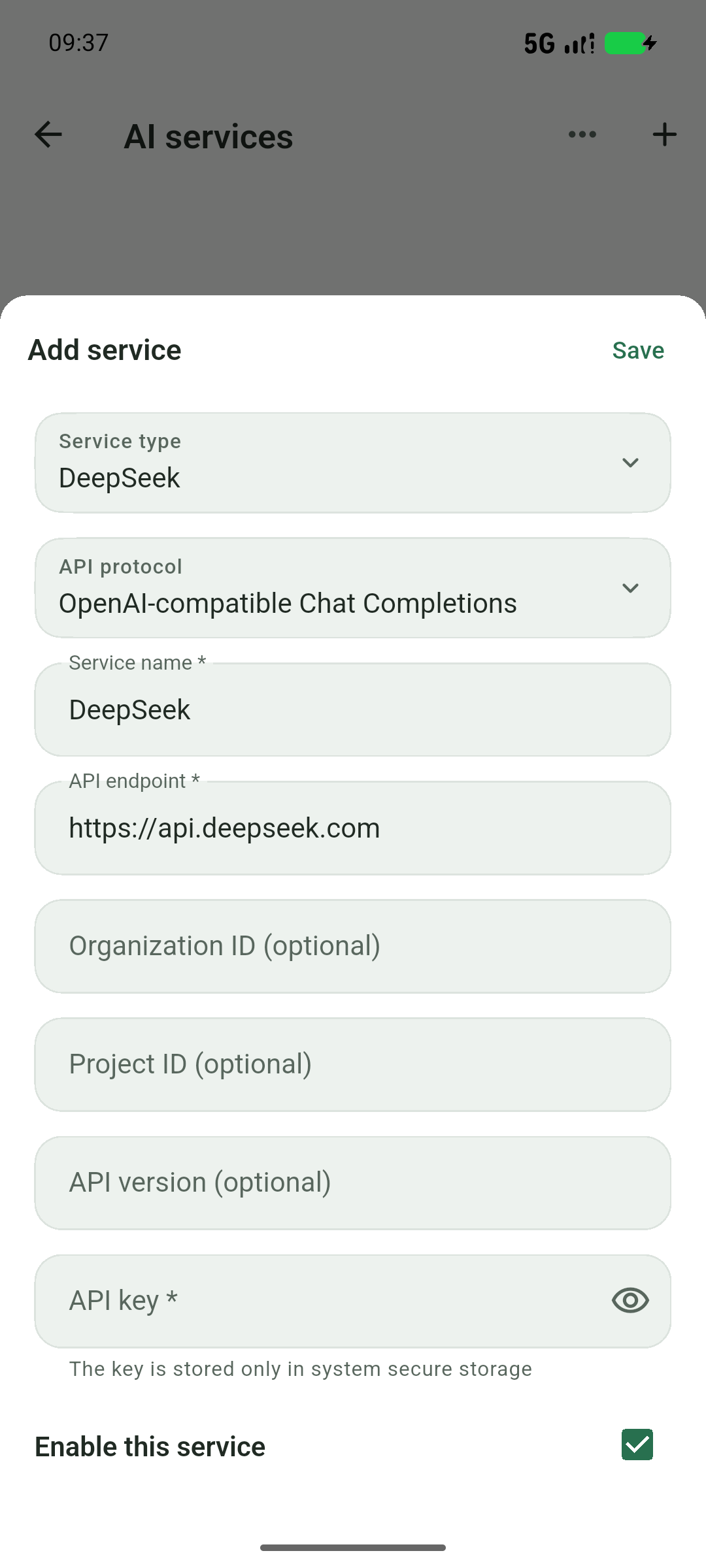Choose DeepSeek and check the endpoint; enter the key only on your own device