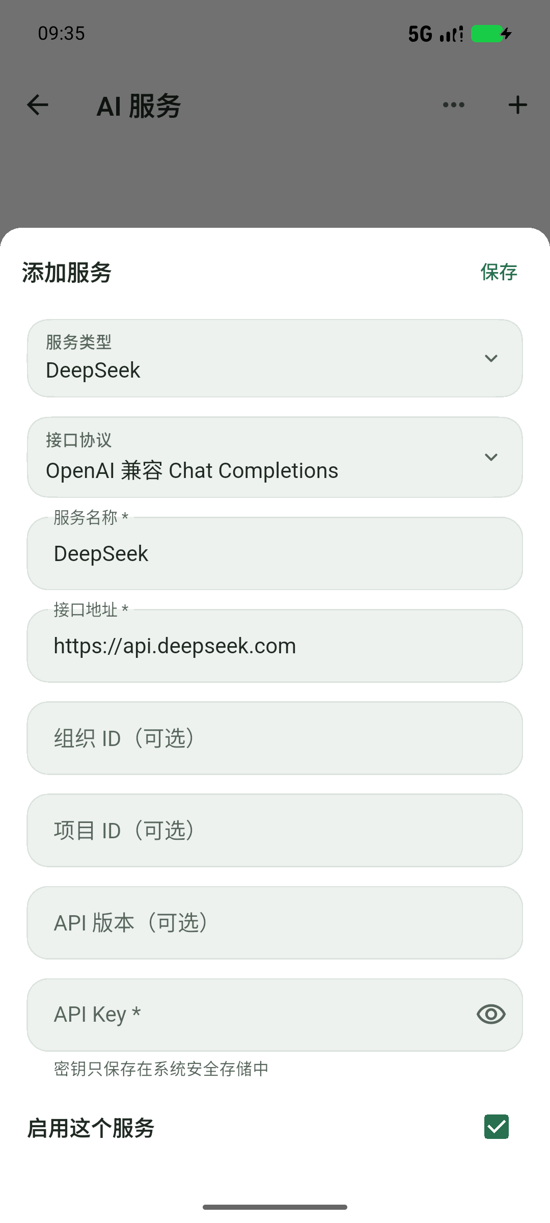 选择 DeepSeek,确认接口;密钥仅在自己的设备输入