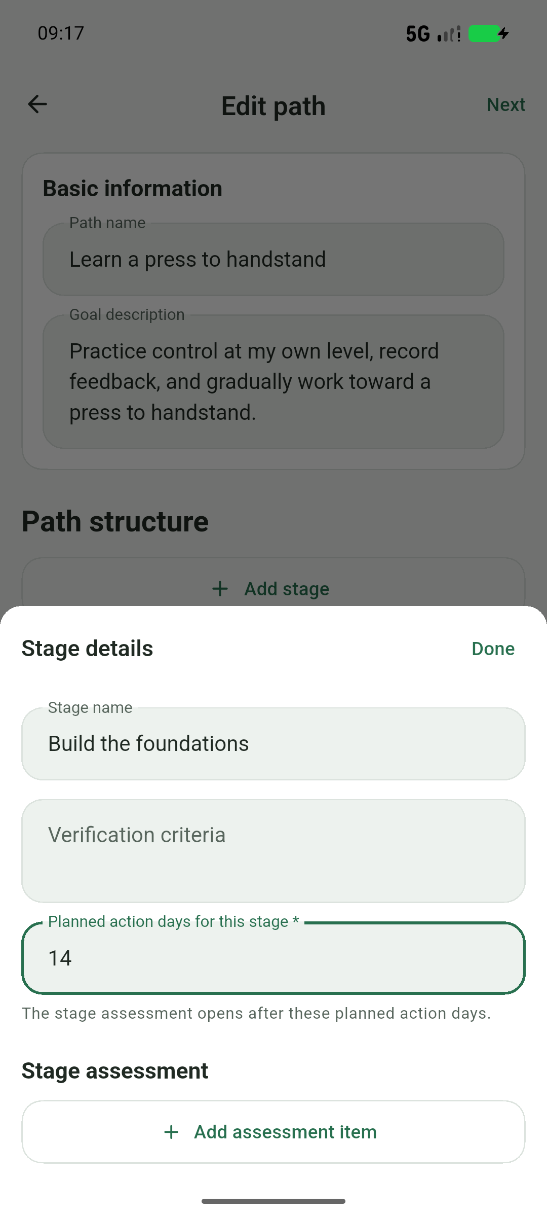 Name a stage and set action days